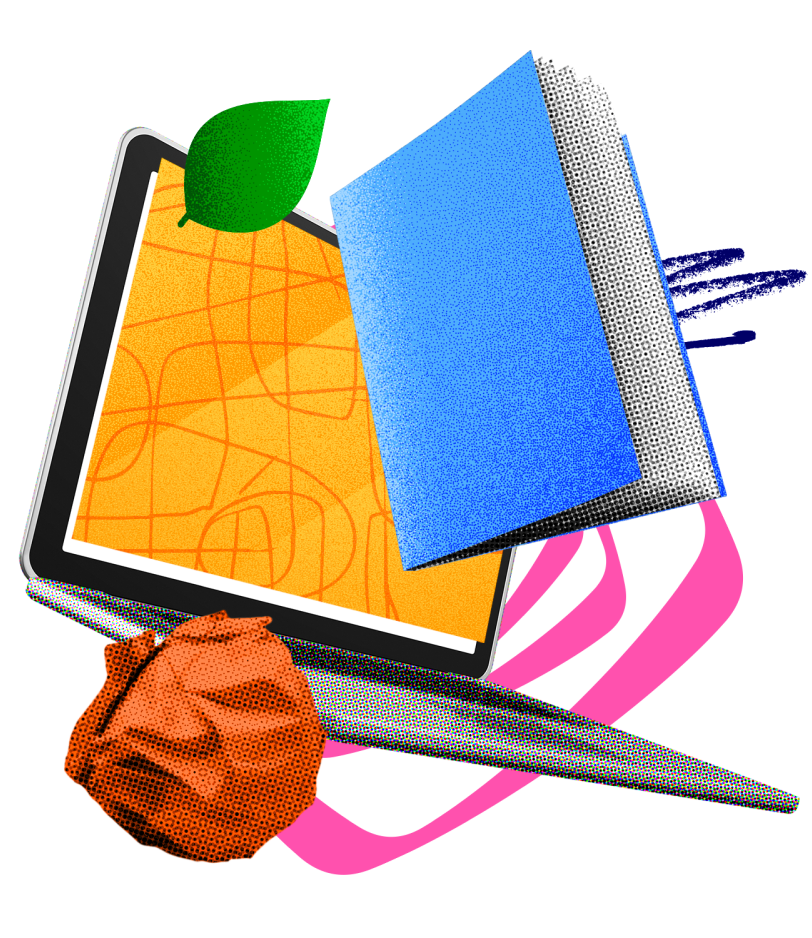 Ilustração de laptop e objetos representando oportunidades de carreira